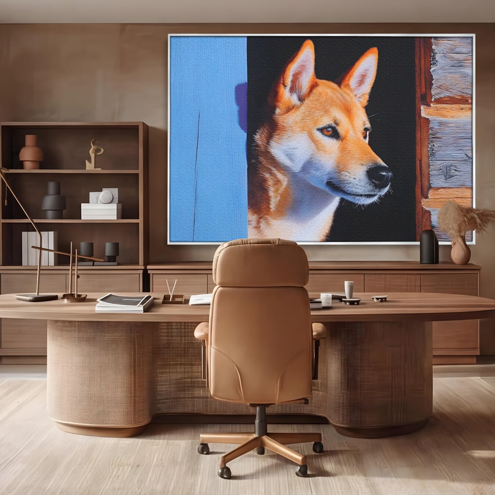 Tablou canvas cu tablou canvas cu portret de caine shiba, in rama de aluminiu argintiu, pe perete intr-un birou